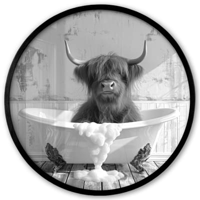 Poster in lijst Rond - Fotolijst 40x40 cm - Posters - Schotse Hooglander - Dier - Badkuip - Zwart - Wit - Ronde posterlijst zwart - Decoratie - Wanddecoratie woonkamer - Muurdecoratie slaapkamer