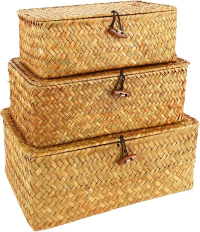3 stuks rotan opbergmand, rechthoekige zeegrasmand met deksel, gevlochten mand van natuurlijk zeegras, rieten manden voor planken, organisatie van natuurlijk zeegras, set van 3