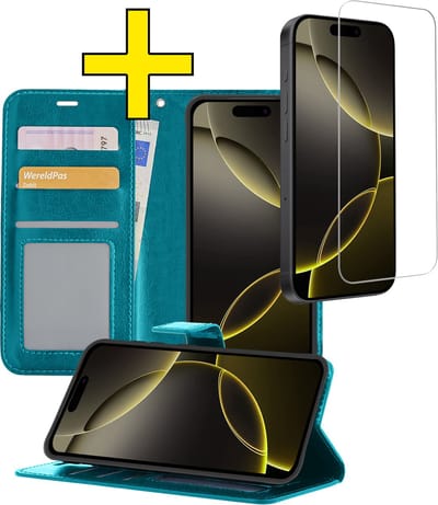 Hoesje - Met Screenprotector - Geschikt voor Apple iPhone 16 Pro - Luxe Pasjeshouder - Bookcase Portemonee - Flip Case - Kunstleer Book Case - Flipcase - Book Cover - Walletcase - Portemonneehoes - Telefoonhoesjes - Turquoise