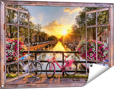 Gards Tuinposter Doorkijk Amsterdamse Brug met Zonsopgang - 90x60 cm - Tuindoek - Tuindecoratie - Wanddecoratie buiten - Tuinschilderij