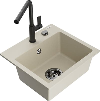 Mexen Milo granieten gootsteen 1-kompartiment met keukenmengkraan Flora, beige - 6505-69-670401-70-B