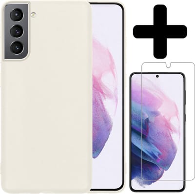 Hoesje - Met Screenprotector - Geschikt voor Samsung Galaxy S21 - Sterk & Shockproof - Back Cover - Siliconen Case - Telefoon Hoes - Telefoonhoesjes - Wit