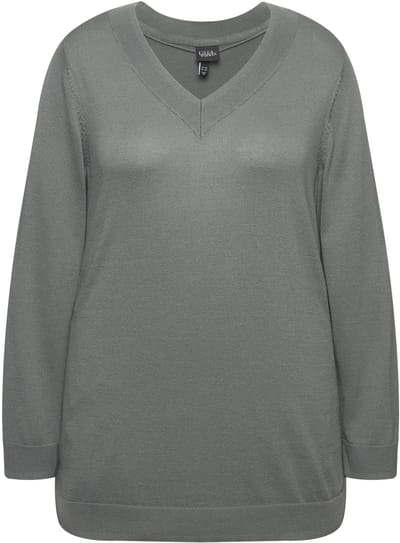 Ulla Popken - Dames - Trui V-hals lange mouw zacht fijn breisel - Grijs - Maat 42+
