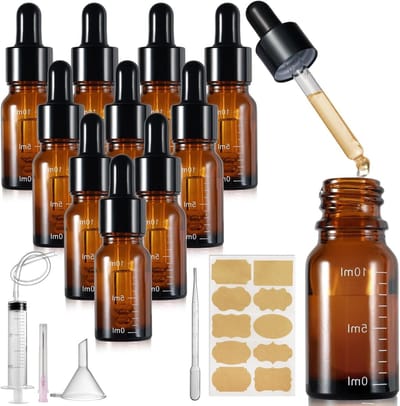 10 Stuks 10ml Amber Glazen Pipet Flessen met Schaal, Herbruikbare Flessen voor Essentiële Olie, Aromatherapie en Geuren met Trechter en Syringe Label