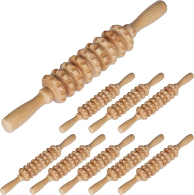 9x massageroller hout - massage apparaat - voor nek en benen - 2 handgrepen