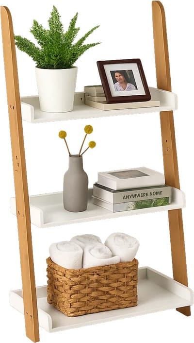 Lomera Wandrek Met Schappen - Bamboe En Mdf - Witte Planken - 3 Schappen - Opbergrek - Natuurlijke Look - Wit - Verschillende Dieptes - Bamboe Staanders - Wanddecoratie - Woonkamer Wandrek - Keukenrek - Wand Rek