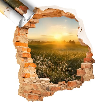 Wallfluent 3D Muursticker - Zonnige weide 3D Wandsticker Gat In De Muur - 58x60 cm - Bruin 3D Sticker Gat In Stenen Muur - 3D Sticker Optische Illusie Gat - Zelfklevende Muursticker 3D Gat - Zelfklevende 3D Wandsticker Illusie