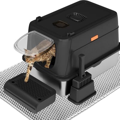 Famanu – RVS kattenbak met deksel – XL formaat – Gesloten metalen kattentoilet – Inclusief kattenbakschep en mat – Anti-kleef en eenvoudig te reinigen – Geschikt voor grote katten