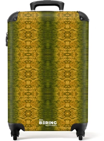 NoBoringSuitcases.com - Koffer - Geel groen slangenhuid met symmetrische schubstructuur - Past binnen 55x40x20 cm en 55x35x25 cm - Trolley handbagage - Valiezen met wieltjes volwassenen - Reiskoffer op wielen - Rolkoffer lichtgewicht
