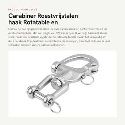 Dailygoods- Karabijnhaak Snel - Brede Karabijnhaak - Draaibare Schakelaars - Wervelkarabijnhaak - Roestvrij Staal 316 - 128 mm - Haak