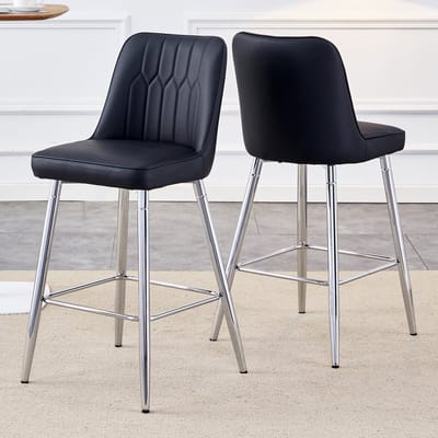MODFU - Barstoelen Set Van 2 - Met Rugleuning En Voetsteun - Modern - Voor Bar Of Keukeneiland - Metaal En Imitatieleer - Zwart En Zilver