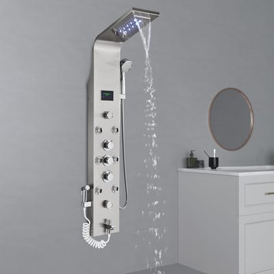 Badkamer Douchepaneel Torensysteem LED Temperatuur Display Body Massage Jets Douche Set Waterval Regendouche Hoofd 6 Functies Temperatuur Display