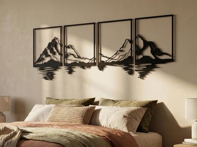 VAILLA houten bergen wanddecoratie zwart goud 120x43 cm, grote 3D wandkunst voor woonkamer en slaapkamer