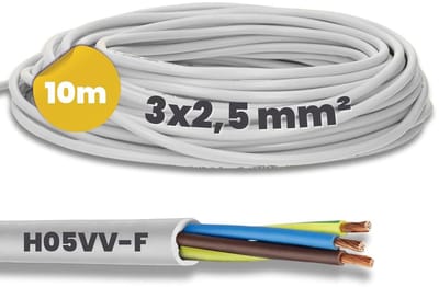 10 meter Kalitec H05VV-F flexibele kabel 3x2,5 mm² | 3G2,5 mm² stroomkabel met beschermingsgeleider | PVC-kabel voor binnengebruik | witte elektrische kabel | flexibele lampkabel | 3-aderige apparaatkabel