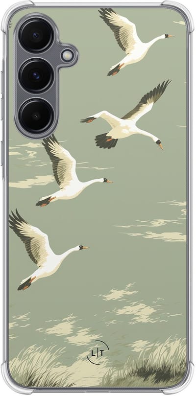 Shockproof hoesje - Geschikt voor Samsung Galaxy A35 - Vogels - Extra sterke case - TPU/polycarbonaat - Print / Illustratie - Groen, Transparant
