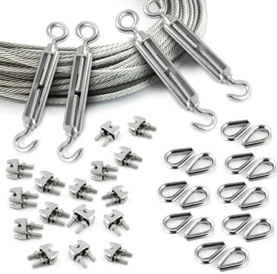 DQ-PP STAALKABEL SET - 5 mm - 50 m - 16 x Klemmen 5 mm - 4 x Spanschroef M5 Haak oog - 16 x Kousen 5 mm - Roestvrij Staal INOX - 7x7 Middelzacht - Staalkabel voor Klimhulp Roestvrij Staal Draad Bosbouwkabel
