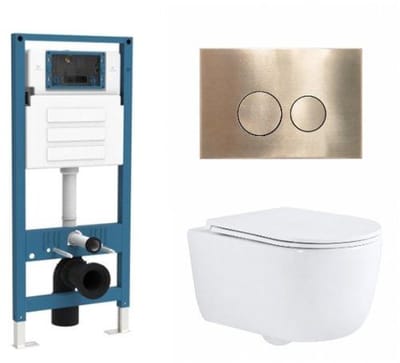 QeramiQ Dely Swirl Toiletset - inbouwreservoir Qeramiq Flush - slim zitting - metaal messing geborstelde bedieningsplaat - ronde knoppen - glans wit