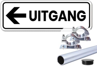 Bord uitgang pijl links - Weerbestendig Aluminium - 40x15 cm - Bevestiging: Met paal 120 cm + paalbeugels + paaldop
