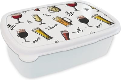 Broodtrommel Wit - Lunchbox - Brooddoos - Bier - Glazen - Patroon - 18x12x6 cm - Volwassenen