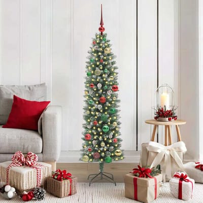vidaXL Kunstmatige slanke kerstboom Groen en Wit 150 cm