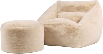 icon - Natalia XL Zitzak Fauteuil met Ronde Poef - Fluffy Pluche Imitatiebont - Beige