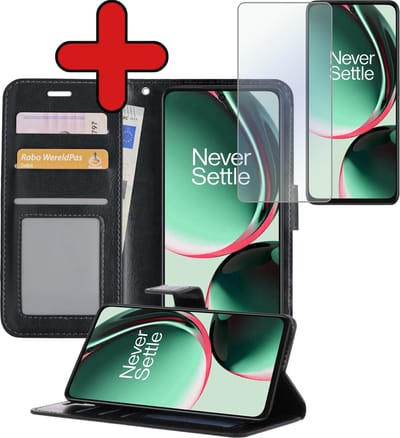 Hoesje - Met Screenprotector - Geschikt voor OnePlus Nord CE 3 Lite - Luxe Pasjeshouder - Flipcase - Bookcase Portemonee - Flip Case - Kunstleer Book Case - Book Cover - Walletcase - Portemonneehoes - Telefoonhoes - Zwart