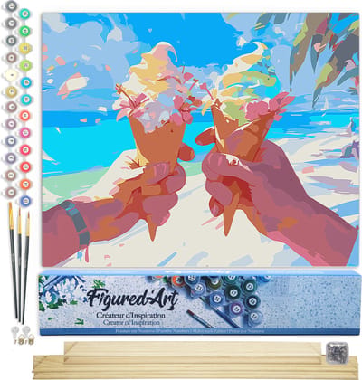 Figured'Art Schilderen op Nummer Volwassenen canvas IJsje op het strand- Handwerk acrylverf Kit DIY Compleet - 40x50cm met DIY houten lijst