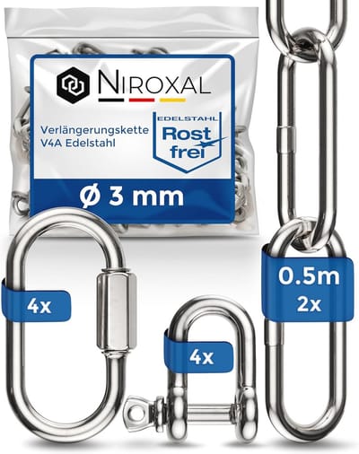 Verlengketting van roestvrij staal 50 cm - 3 mm dik - Schakels met schroefconnector - Max belading 350 kg - Bevestigingsset voor bokszak, hangmat en hangstoel