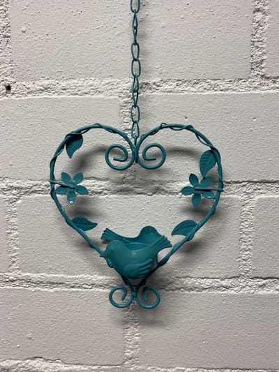 Deco-hanger met theelichthouder hart + vogel - blauw - metaal - lengte 50 x 15 x 5 cm - Woonaccessoires - Decoratieve hangers