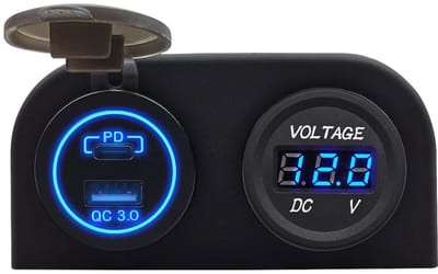 ProRide 12V USB/USB C Stopcontact 2 Poorten - Opbouw - QC3.0 - Tweevoudig opbouw met Voltmeter - Blauw