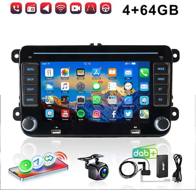 ESSGOO Autoradio - Geschikt voor Volkswagen, Skoda & Seat - Apple Carplay & Android Auto - Android 15 - 4+64GB - 7 Inch HD Touchscreen - Bluetooth, USB, WiFi & SWC - GPS Navigatiesysteem - DAB+ Achteruitrijcamera