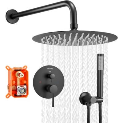 VEVOR Douchekraan Regendouchesysteem voor Badkamer Douchesysteem met 254 mm Ronde Regendouchekop & Handdouche, Wandgemonteerde Badkamerkranen met Messing Klep & Afwerkingsset, Mat Zwart