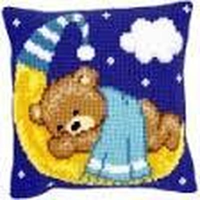 Vervaco - Kruissteekkussen kit - Blauw beertje op de maan - PN-0148196 - Borduren - Borduurpakket - Borduurpakket volwassenen - Borduurpakket kind