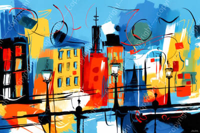 John Joseb Art (Glas) 120x80 | Amsterdam met brug en huizen, abstract, kunst, felle kleuren, kleurrijk | stad, Nederland, blauw, geel, rood, zwart, modern | Foto-schilderij-glasschilderij-acrylglas-acrylaat-wanddecoratie