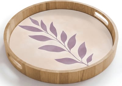 Dienblad rond 40x40 cm - Schootdienblad hout - Tak - Bladeren - Minimalistisch - Beige - Borrelplank rechthoek - Plateau houten dienbladen