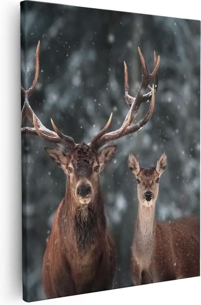 Artaza Canvas Schilderij Hertenkop Met Gewei - 40x50 cm - Muurdecoratie Winterbos - Wanddecoratie Sneeuw - Kamer Accessoires