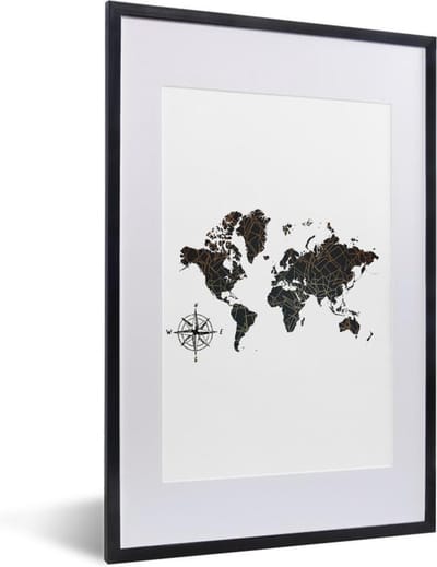 Poster in lijst - Fotolijst 40x60 cm - Posters - Wereldkaart - Brons - Kompas - Posterlijst zwart - Decoratie - Wanddecoratie woonkamer - Muurdecoratie slaapkamer