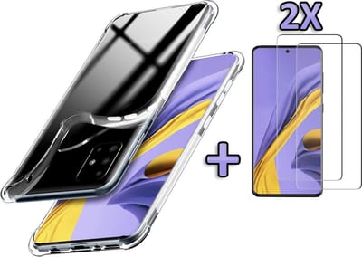 HB Hoesje Geschikt voor Samsung Galaxy A51 - Anti Shock Hybrid Back Cover + 2X Glazen Screenprotector - Transparant