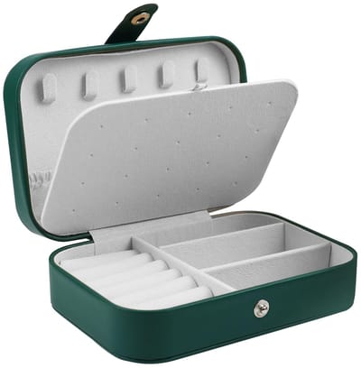 Dailygoods - Sieradendoosje voor op reis, stijlvol, klein, draagbaar, sieradendoos met knoop, leren sieradenorganizer voor oorbellen, halsketting, ring, broche (groen)