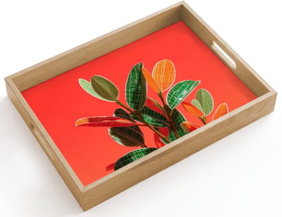 Dienblad hout 40x30 cm - Schootdienblad - Bladeren - Nerven - Oranje - Structuur - Borrelplank rechthoek - Plateau dienbladen