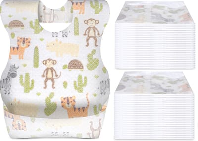30 Stuks Wegwerp Slabbetjes – Baby & Peuter – Safari Dieren – Handige Slabbetjes voor Thuis, Onderweg en Op Reis – Verpakt per 10 Stuks