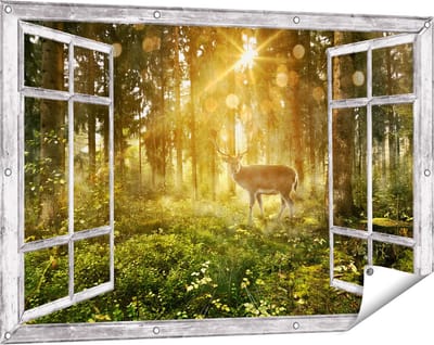 Gards Tuinposter Doorkijk Hert in Bos met Zon - 120x80 cm - Tuindoek - Tuindecoratie - Wanddecoratie buiten - Tuinschilderij
