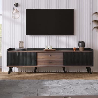 Modern TV-meubel met schuifdeuren en 2 lades – Luxe lowboard tv kast met opbergruimte in zwart & hout design 160 x 40 x 58 cm – Casa Dorada