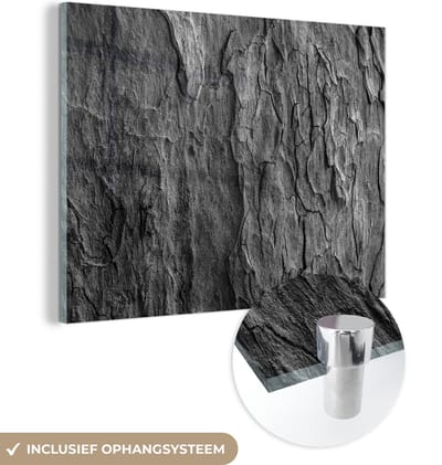 Glasschilderij - Steen - Zwart - Wit - Gesteente - 160x120 cm - Foto op glas - Woonkamer decoratie