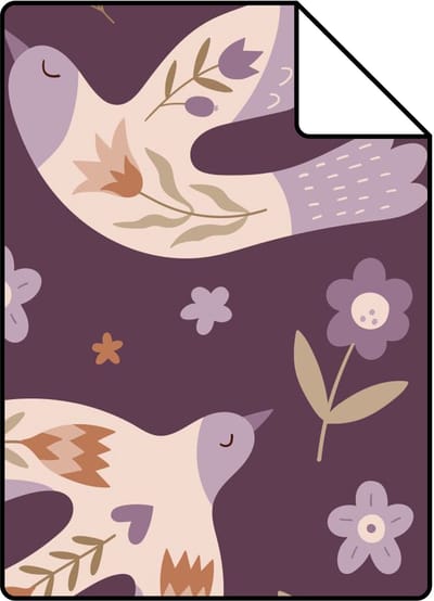Proefstaal ESTAhome behang bloemen en vogels paars - 26.5 x 21 cm - 131757-S