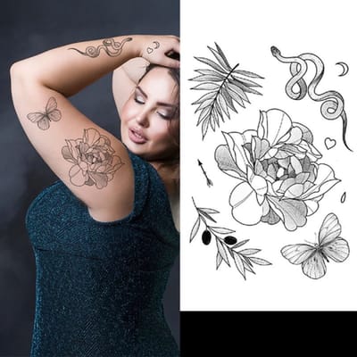 Temporary Tattoo Bloemen/Slang/Vlinder/Takken (A5 formaat) [Neptattoo - Tijdelijke tatoeage - Nep Fake Tattoos - Water Overdraagbare Sticker Henna - Glitter Tattoo Set - Plak Tattoos - Nep Tatoeage - Festival Tattoes]