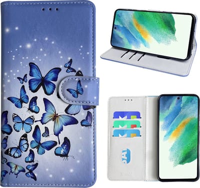 Hoesje geschikt voor Samsung Galaxy S21 FE Bookcase met Blauw vlinder print