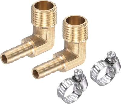 2 Pack Messing Slangfittingen - 90 Graden Elleboog 6mm Slangconnector met Slangklemmen voor Water en Tuingebruik