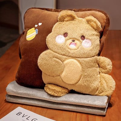 Couverture Oreiller 2 en 1 Dessin Animé Couverture d'Air Climatisation Oreiller Coussin Multifonctionnel Voiture Couvertures en Flanelle blanket 100x170cm beige