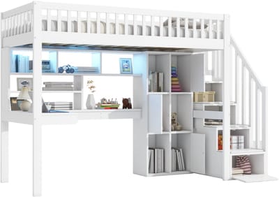 REDOM hoogslaper 90x200 cm – Wit – LED-verlichting met afstandsbediening – Opbergladder – Bureau & planken – Grenenhout + MDF – 120 kg
